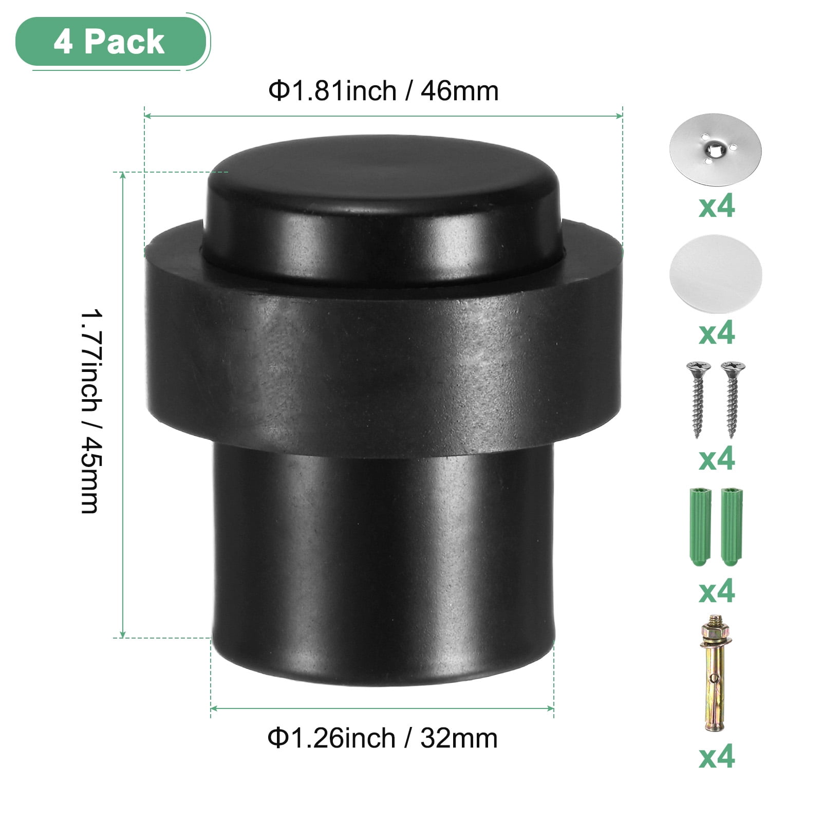 Uxcell 4-Pack Floor Door Stoppers, Stainless Steel Cylindrical Door Stop with Plastic Rubber Bumper [Black]