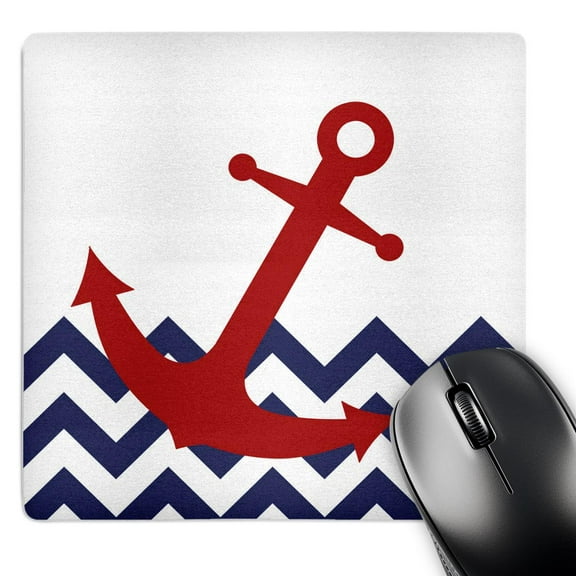 3dRose, Red Nautical Boat Anchor on Chevron Pattern, MousePad