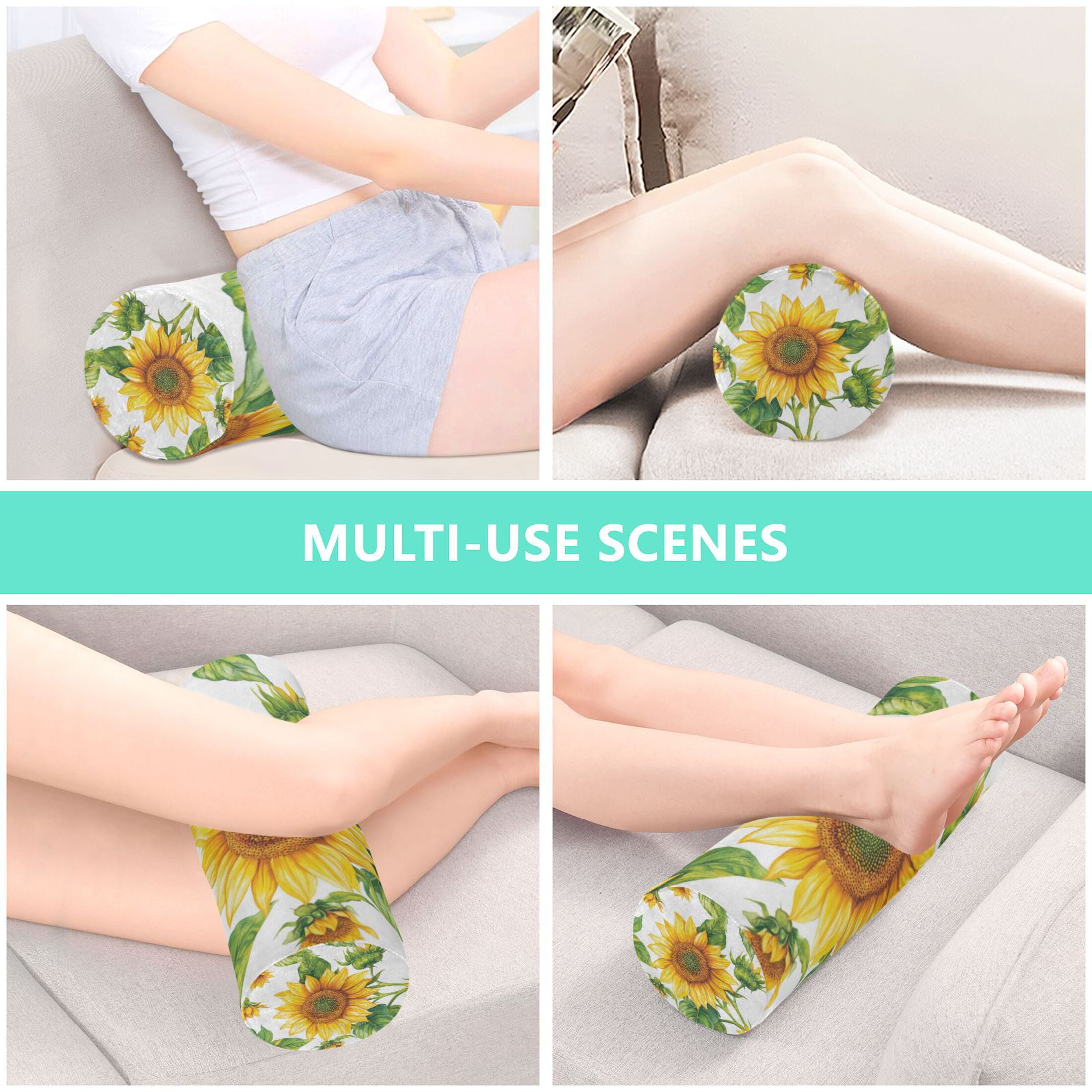 Neck pillow Round Cervical Pillow Cylindrical Pillow Lumbar Pillow Sofa Headrest Pillow Support For the Back, Neck and Head Large Yellow Sunflower