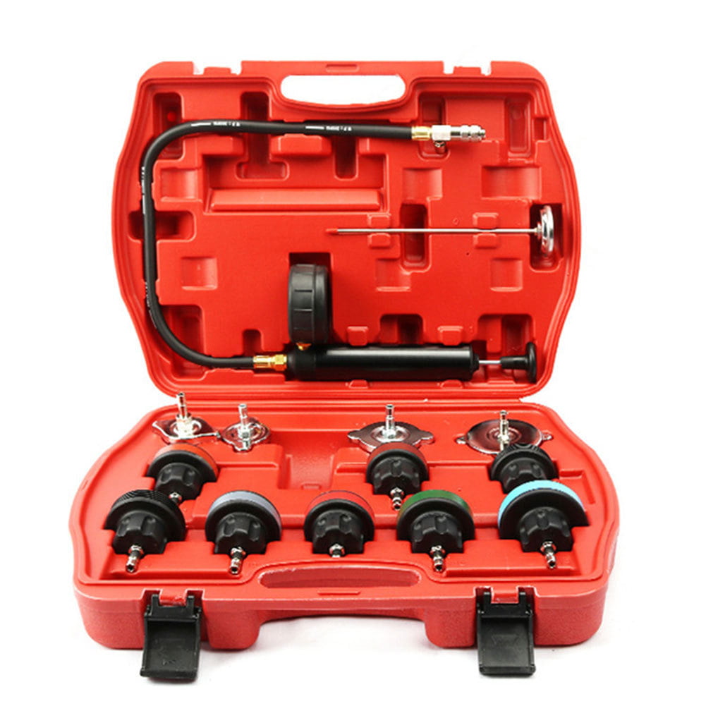 Qiilu 18pcs Cooling System Tester Kit Universal Car Radiator Pressure Tester Water Tank Leak Detector Kit Test Gauge Set Tools