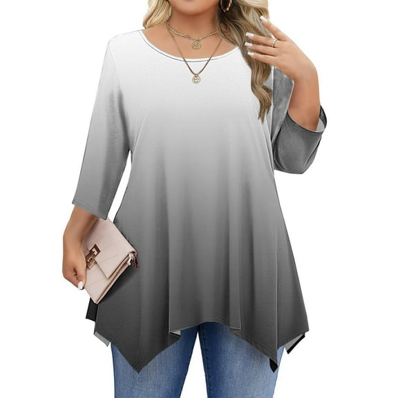 FDGIU Women's Plus Size Loose Fit Tunic - Long Sleeve Round Neck Curve Hem Solid Casual T-Shirt Tops