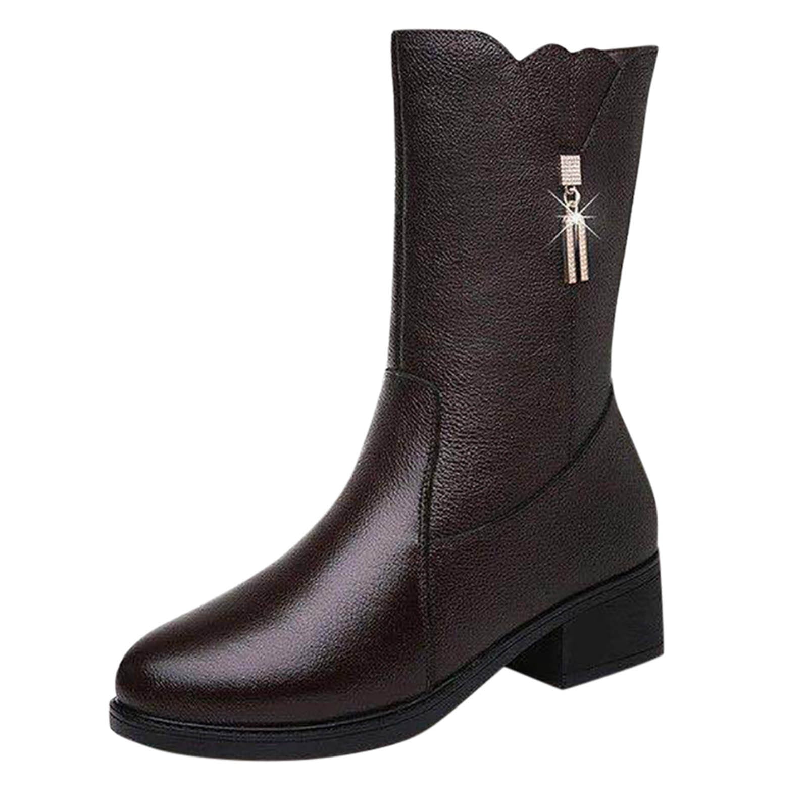 Ladies Women Winter Warm Casual Mid Calf Hard Sole Diamante Zip Boots Shoes Size 