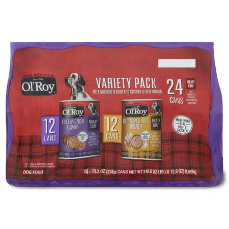 Ol' Roy Meaty Loaf Wet Dog Food Variety Pack, Filet Mignon Flavor and Chicken & Rice Dinner, 13.2 oz, 24 Cans