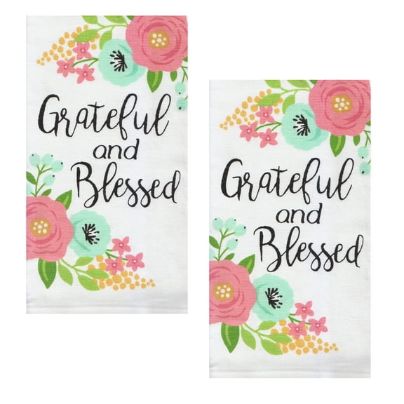 Kitchen Towels Grateful and Blessed 2-Pack Set White Dual Sided Dishtowels HL