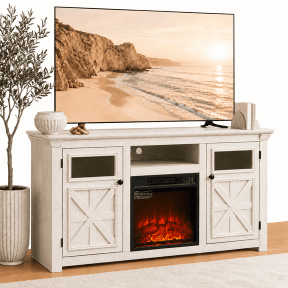 Farmhouse Fireplace TV Stand for TVs up to 65", White Entertainment Center with 18" Electric Fireplace, 2 Barn Doors, Adjustable Shelves and Cable Management