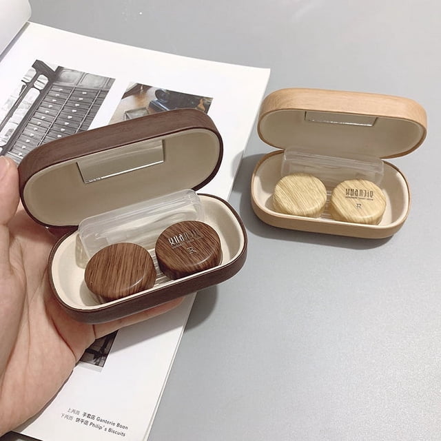Estuche para lentes de contacto de grano de madera Estuche compacto para lentes de contacto para viajar Caja de contactos portátil con espejo rectangular, lindo, colorido, especialmente fres