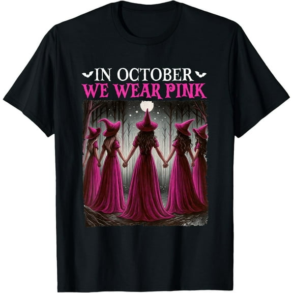 in October We Wear Pink Witch Halloween Breast Cancer Women T-Shirt
