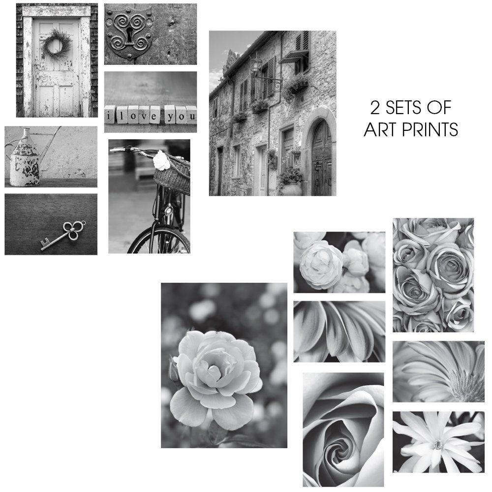 Gallery Perfect 7 Piece Black Photo Frame Gallery Wall Kit with Decorative Art Prints & Hanging Template