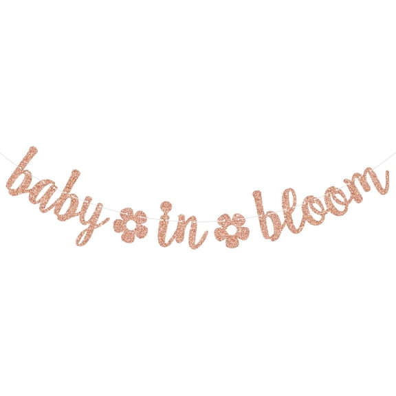 Rose Gold Glitter Baby In Bloom Banner with Flower Cutouts, Floral Baby Shower Party Decorations