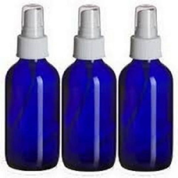 3- 4oz Cobalt Blue Boston Round Glass with White Fine Mist Sprayer