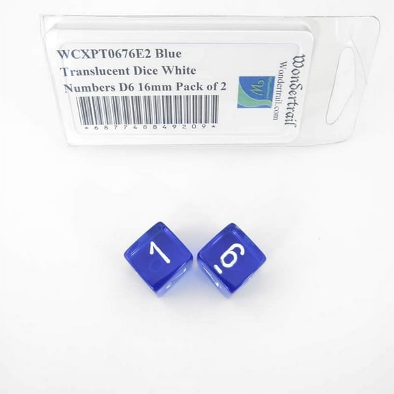 Blue Translucent Dice with White Numbers D6 Aprox 16mm (5/8in) Pack of 2 Wondertrail