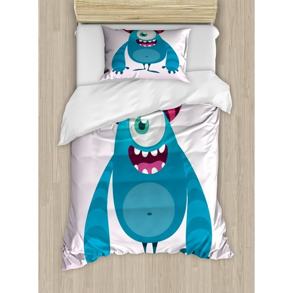 Alien Duvet Cover Set Twin Size, Happy Halloween-themed Creature with Horns, Decorative 2 Piece Bedding Set with 1 Pillow Sham, Dark Turquoise Dark Pink Dark Seafoam and Dark Mauve, by Ambesonne