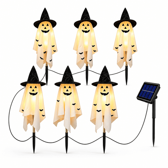 6 Pack Solar Halloween White Ghosts Stake Lights with Witch Hat, Solar Waterproof Pathway Lights for Outside Garden Patio Yard Lawn Walkway,67cm