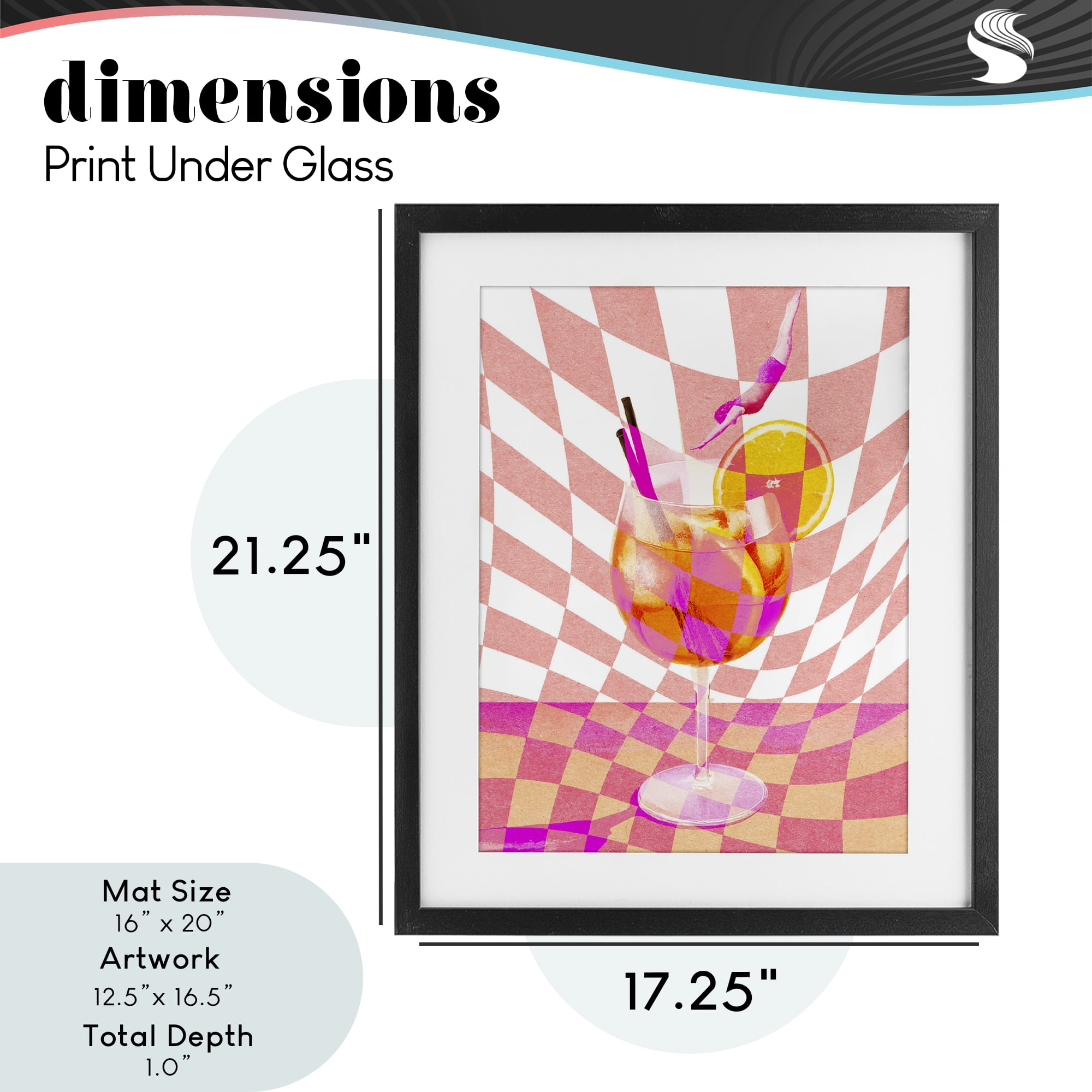 Retro Checkered Summer Cocktail Black Framed Print Under Glass, design by Lil' Rue