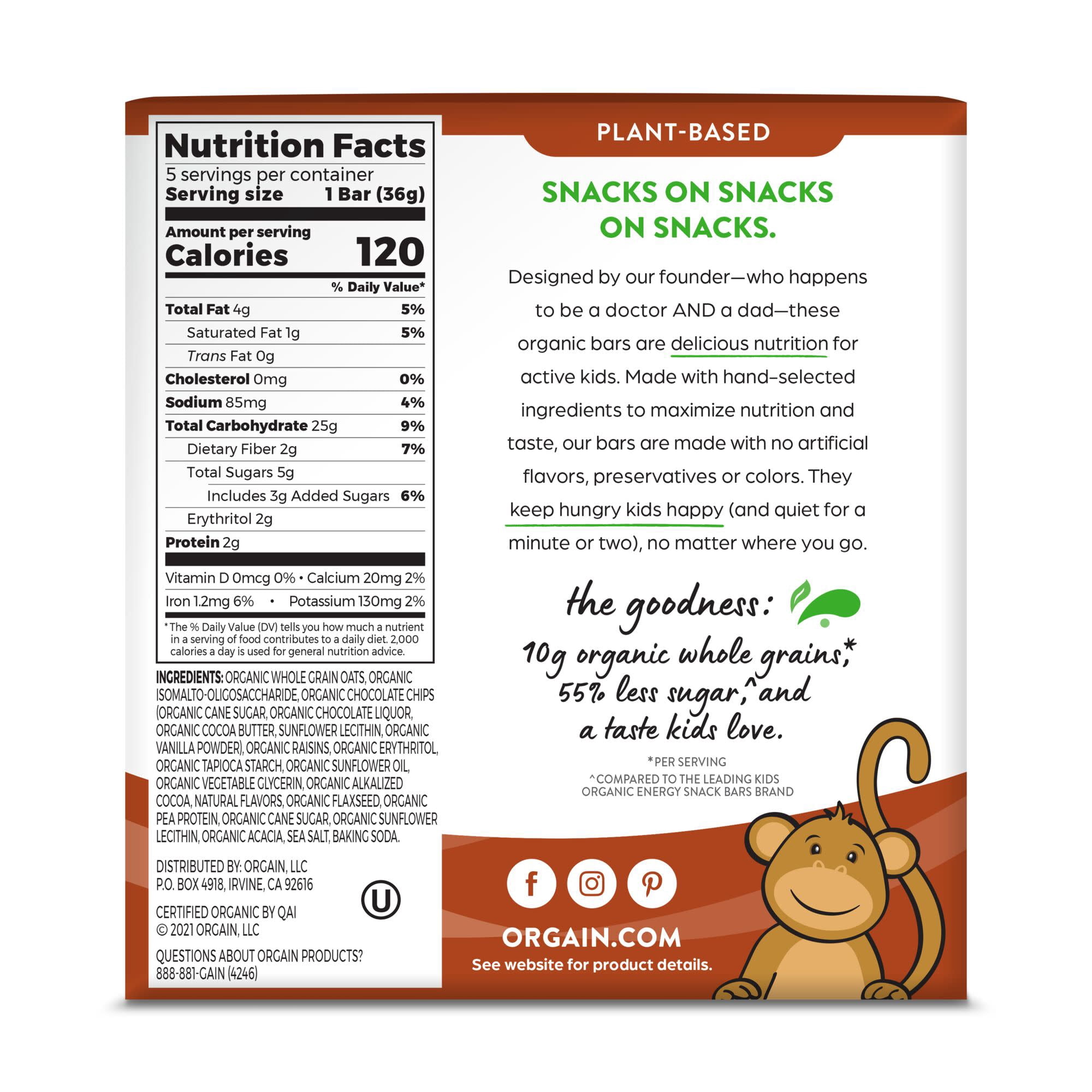 Orgain Organic Kids Energy Bar, Chocolate Brownie- 4g Protein, 7g Dietary Fiber, Dairy Free, 5 Count