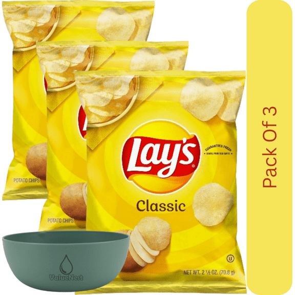 Lay's Classic Potato Chips Snack Pack, 2.5 oz Bag With Olive Green Bowl By ValueNest