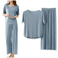 thumbnail image 2 of Promotion Sale! Casual 2 Piece Outfit for Women Summer Loose Short Sleeve Top Wide Leg Pants Lounge Set L Size Blue, 2 of 6
