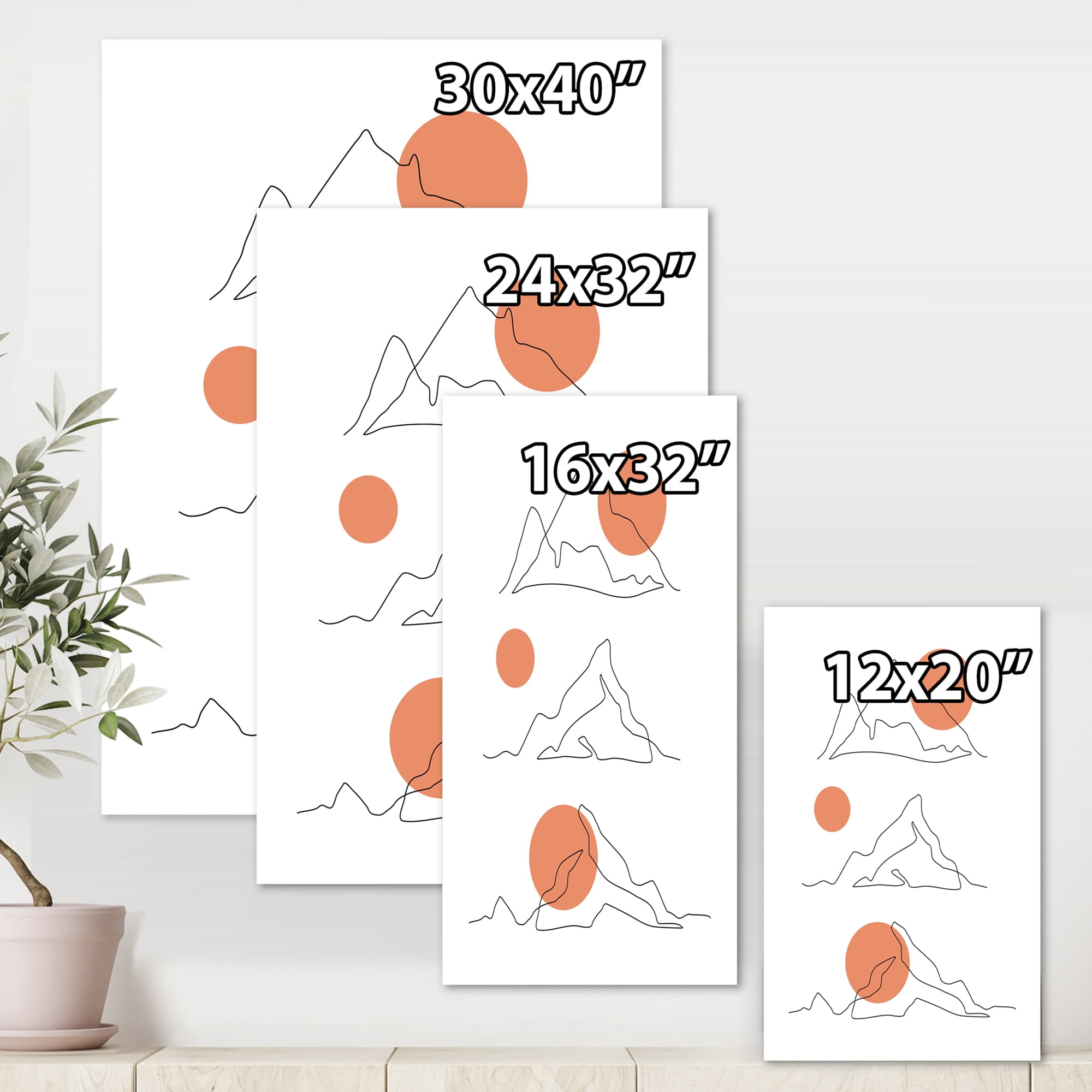 Abstract Red Moons With Mountain Range 16 in x 32 in Painting Canvas Art Print, by Designart