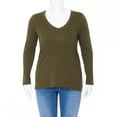 thumbnail image 2 of Little Vintage Girls Women V-Neck Long Sleeve Shirts, Cotton Basic Tops & T-Shirt (1X, Olive), 2 of 3