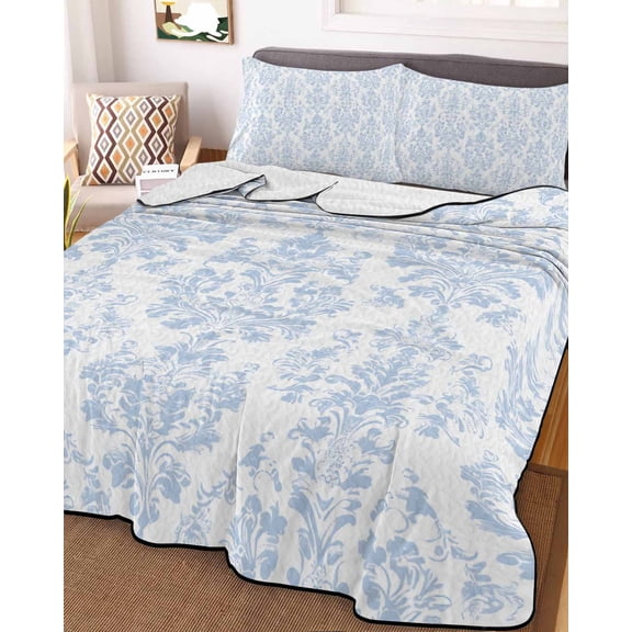 Blue Boho Floral Full Size Down Alternative Comforter, Lightweight Comforter Quilt Bedding Set with Pillow Shams Farmhouse Middle Century Flowers All Seasons Bed Comforter Duvet Insert 78"x90"