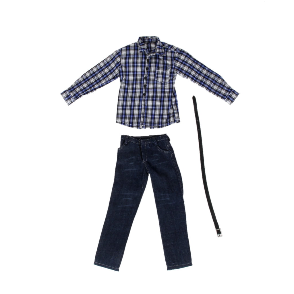 1/6 Male Clothing Blue White Checked Shirt+Jeans Pants Pattern Set For 12"Figure 
