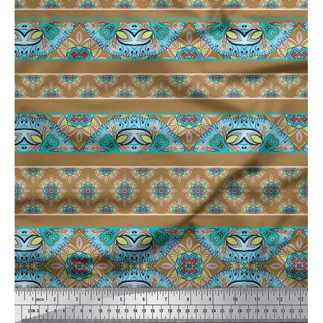 Soimoi Brown Polyester Crepe Fabric Stripe,Insect & Floral Kaleidoscope Decor Fabric Printed BTY 42 Inch Wide