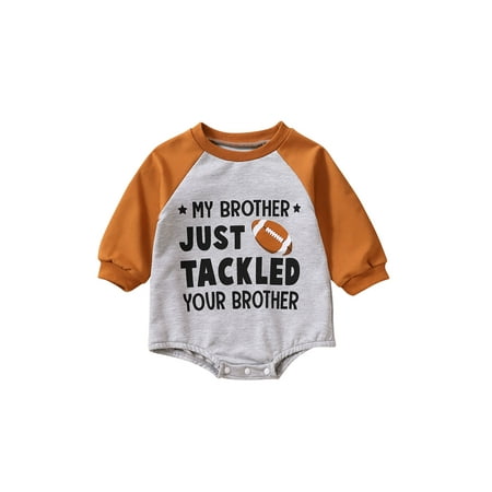 

Genuiskids Newborn Baby Fall Romper Sweatshirt Casual Long Sleeve Football Letter Print Raglan Bodysuit 0-24M