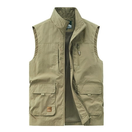 JUUYY Men s Lightweight Summer Gilet Quick Dry Outdoor Multi Pockets Solid Color Fishing Outdoor Sleeveless Fishing Vest Khaki M