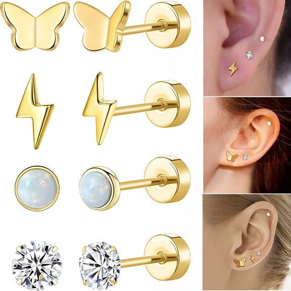 DESIGNICE Flat Back Titanium Earrings for Women&Men, 4 Pairs Hypoallergenic Titanium Earrings for Sensitive Ears, Screw Back Cartilage Earrings Set with Cz&Opal
