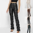 thumbnail image 7 of Women Trendy Zipper High Waisted Faux PU Leather Vintage Pants Tiered Design Full Length Trousers Black,S, 7 of 7