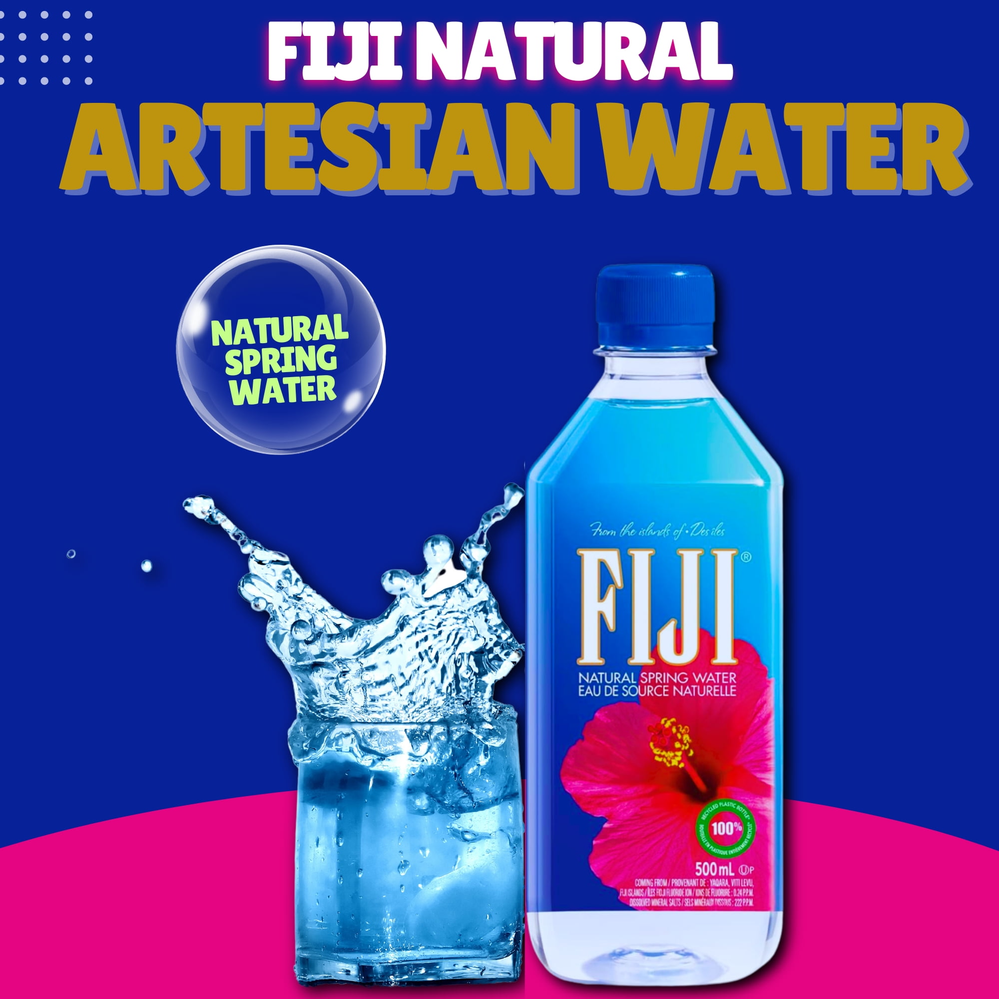 Fiji Natural Artesian Water, 500ML Bottle (Pack of 24) Naturally Filtered Spring Water Kosher Gluten-free Thirst Quencher Blissful On-the-go Travel Hydration & CUSTOM Storage Carrier