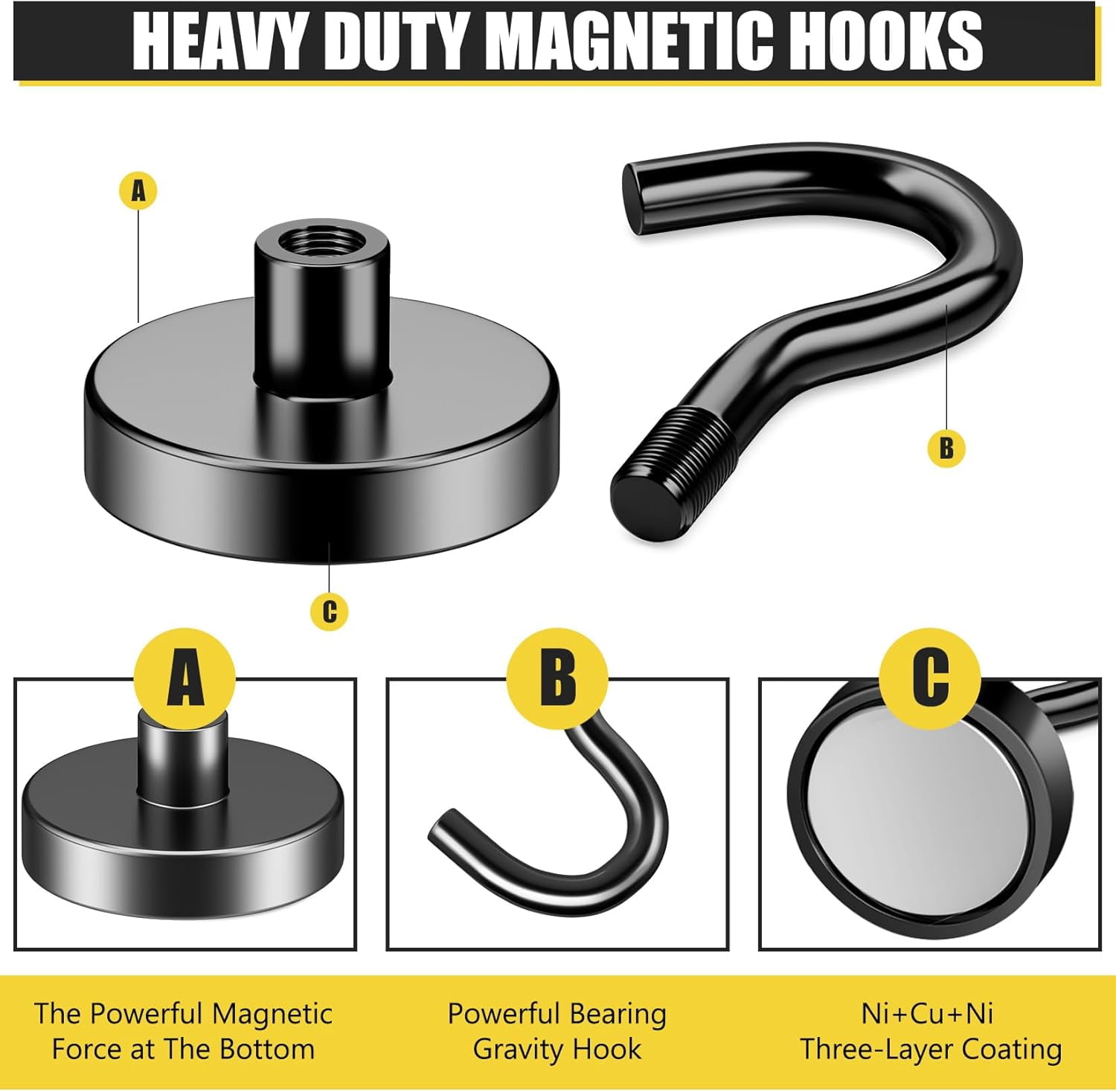 JJEAN-Magnetic Hooks Heavy Duty, 80 LBS Strong Magnetic Hook for Hanging, 20 Pack Black Magnet Hooks for Fridge, Large Magnet Hook for Cruise Accessories, Kitchen, Classroom, Garage, Wall, Travel