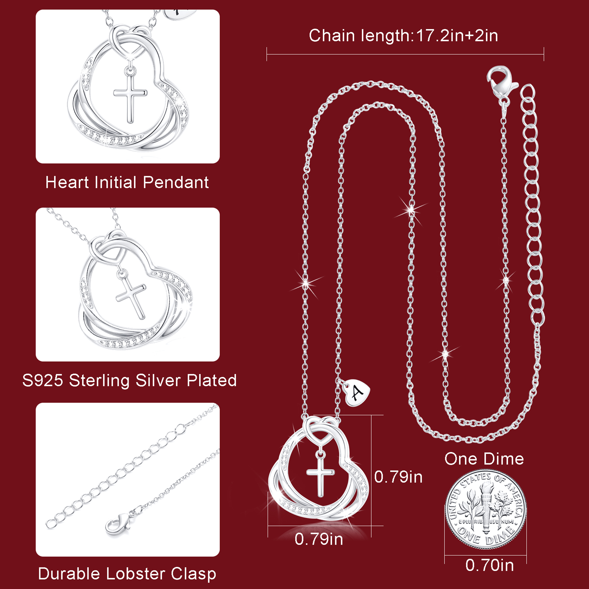APSVO 925 Silver Plated Heart Cross Initial Necklace photo 4