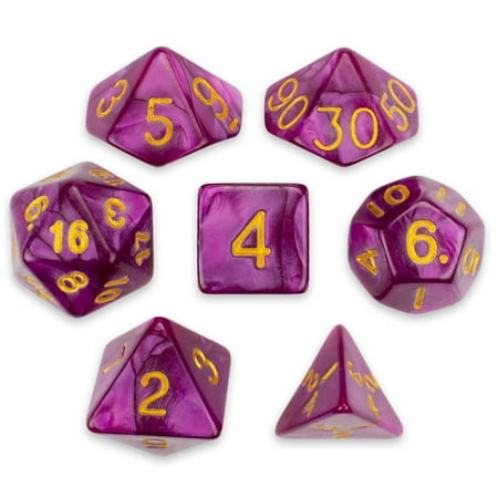 Pearl Pouch - 7 Die Polyhedral Dice Set - Abyssal Mist (Hot Pink Pearl) with Velvet Pouch by, A full set of 7 polyhedral dice. Basic adventurer's equpiment! By Wiz Dice