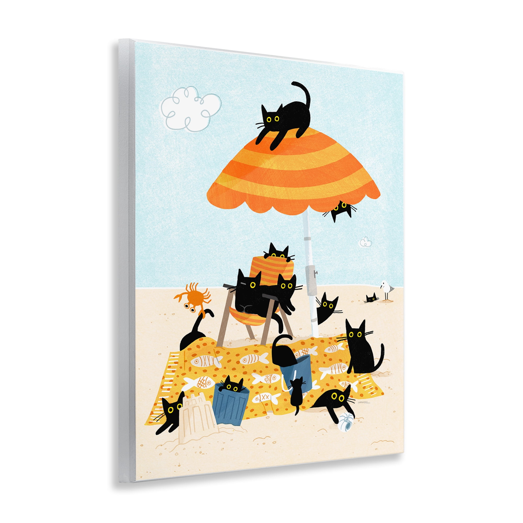 Stupell Industries Black Cat Beach Day Animals Painting Unframed Art Print Wall Art, 11 x 14