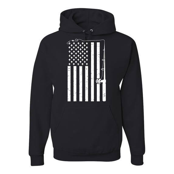 American Flag Fishing Rod USA Pride | Mens Fishing Hooded Sweatshirt Graphic Hoodie, Black, Small