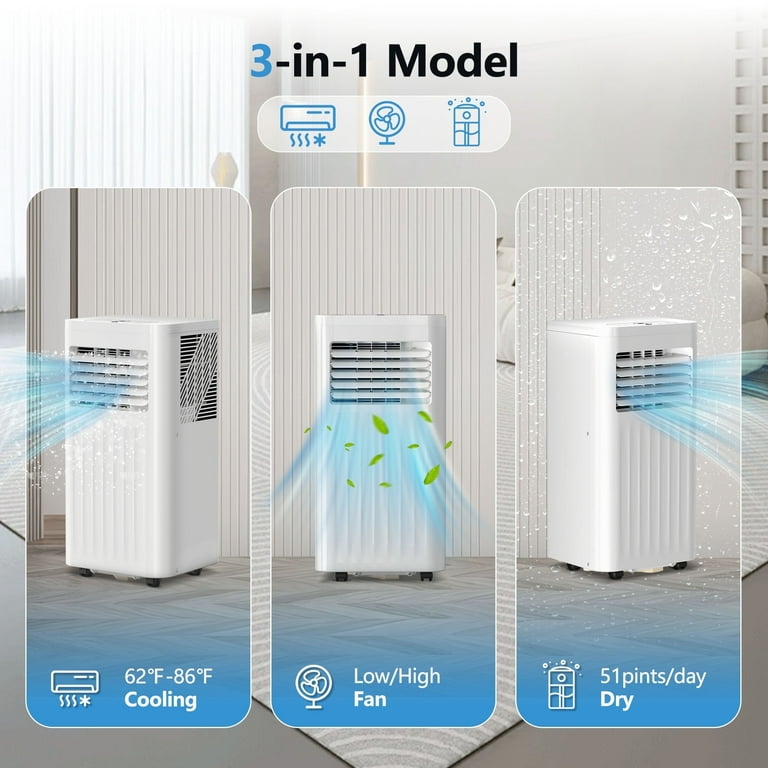 Auseo 8000BTU Portable Air Conditioner, Cooling 250 Square Feet, Dehumidifier/Fan/Cooler, White