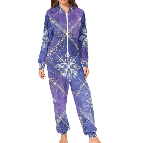 Christmas Snowflakes with Golden Lace Plaids Adult's Hoodie Onesie Jumpsuit One-Piece Pajamas with Zipper Unisex for Holiday S