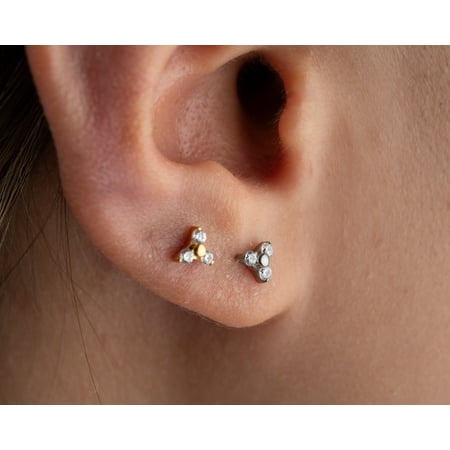 20g 18g 16g Implant Grade Titanium triple CZ push-in Labret stud, threadless flat back Tragus Helix Conch stud, Trinity nap earring