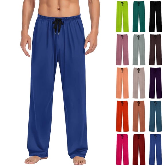 Asxite Mens Pajama Pants Solid Drawstring Elastic Waist Straight Double Pocket Long