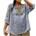 thumbnail image 2 of Women's Short Sleeve T-shirt Embroidered Tops For Women Floral Cotton Linen Tunic Tshirt Tee Women 3/4 Sleeve V Neck Button Boho Ethnic,Blue Women's Short sleeve T-shirt XL, 2 of 6