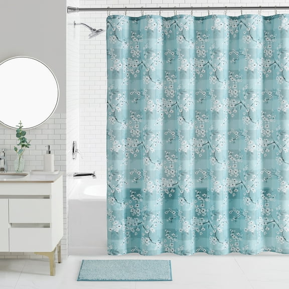 Mainstays Cherry Blossom 16-Piece Bathroom Set with Shower Curtain, Hooks, Rug & Accessories – Blue Multi, 70" x 72"