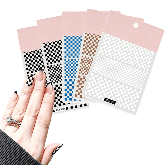 RAGUPEL 5 Sheet Checkerboard Grid Nail Art 3D Stickers Nail Decals for Nails Houndstooth Manicure Sliders Diy Accessories (Black) Trendy Checkered Nail Stickers