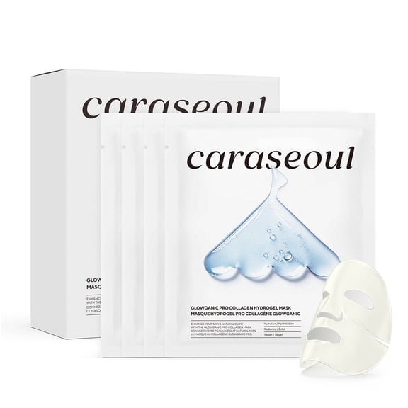 caraseoul Glowganic Pro Collagen Hydrogel Mask with Niacinamide (Vitamin B3) & Adenosin, Radiance Boost, Pore Minimizing, Hydrating Overnight Face Mask, Vegan, Korean Skin Care [1.19oz (34g) x 4ea]