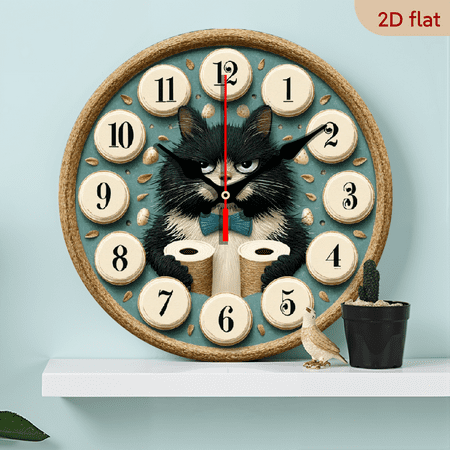 2D Flat 1pc 10Inch Funny Black Cat Holding Toilet Paper Bathroom Wooden Clock Silent Non Ticking Japanese Quartz Movement, Modern Minimalist Decor for Living Room, Bedroom, Kitchen