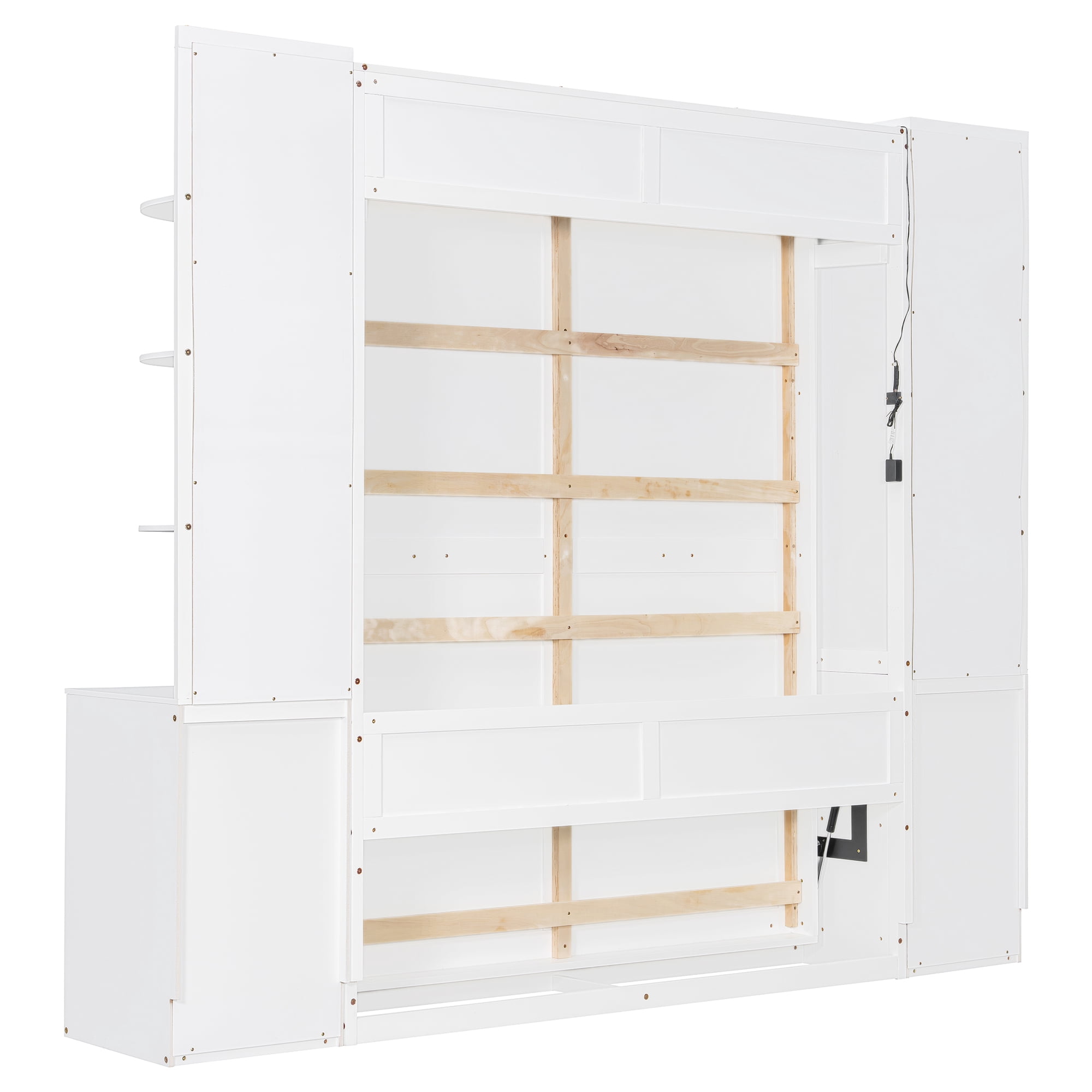 Queen Size Murphy Bed with Desk, Storage Shelves and Cabinets, for Space-Saving Home Office, Guest Room