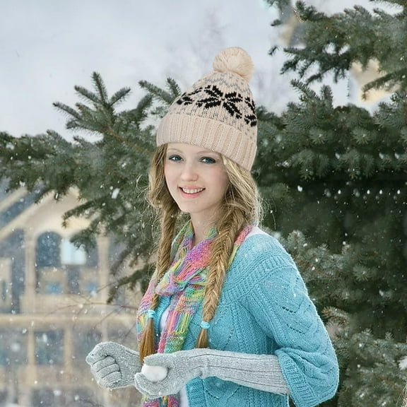 Tittly Winter Hats Beanie Faux Hat Christmas Fuzzy Hat Woolen Snowflake Knit Knit Pom Hat Warm Baseball Caps Skull Caps Hats for Women Beige One Size