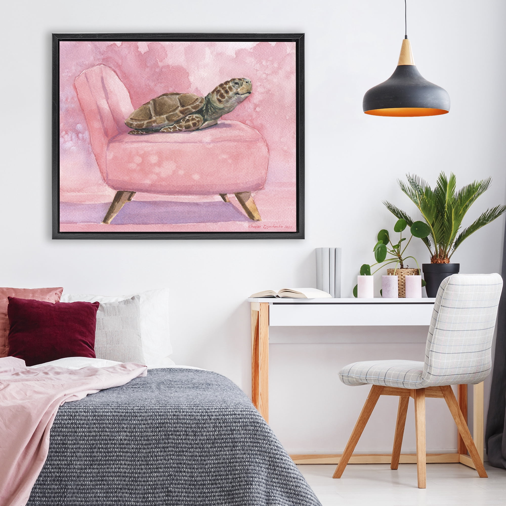 Stupell Industries Happy Turtle on Pink Chair Black Framed Floater Canvas Wall Art, design by George Dyachenko