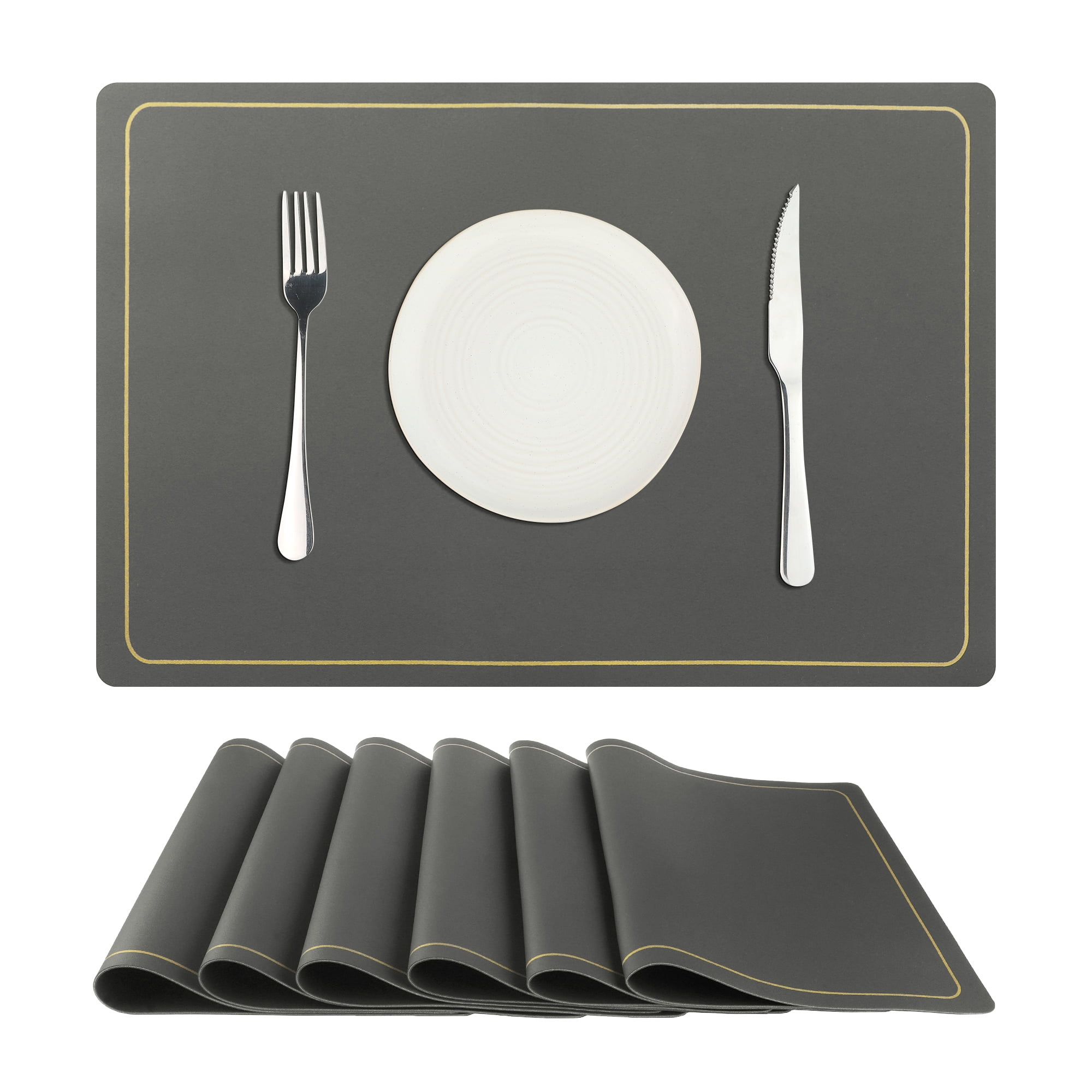 REGALWOVEN Faux Leather Placemats Set of 6 for Kitchen Dining Room Grey 18"x12"