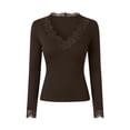 thumbnail image 3 of Fmbrln Women's Lace Trim V Neck Long Sleeve Tops Slim Fit Solid Fashion Daily T Shirt, 3 of 5